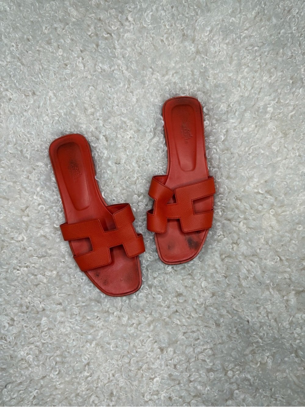 Hermes Red Oran Leather Slide Sandals